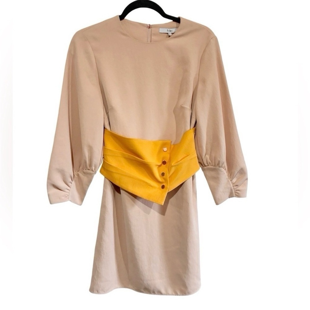 Tibi Shirred Sleeve Corset Waist Shift Dress Tan and Yellow - Picture 6 of 11